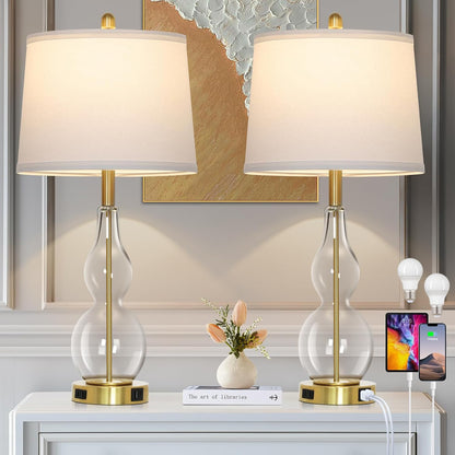 27.5" Clear Glass Table Lamp Set of 2,3-Way Dimmable Touch Control Bedside Lamps with USB Ports and AC Outlet, Modern Nightstand Lamps Gold Lamp for Bedroom Living Room1