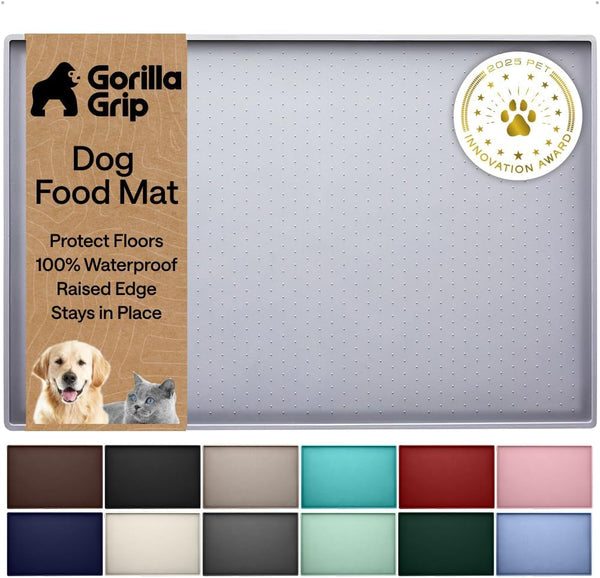 GORILLA GRIP 100% Waterproof Raised Edge BPA Free Silicone Pet Feeding Mat, Dog Cat Food Mats Contain Spills Protects Floors, Placemats for Cats and Dogs Water Bowl, 18.5X11.5, Gray20