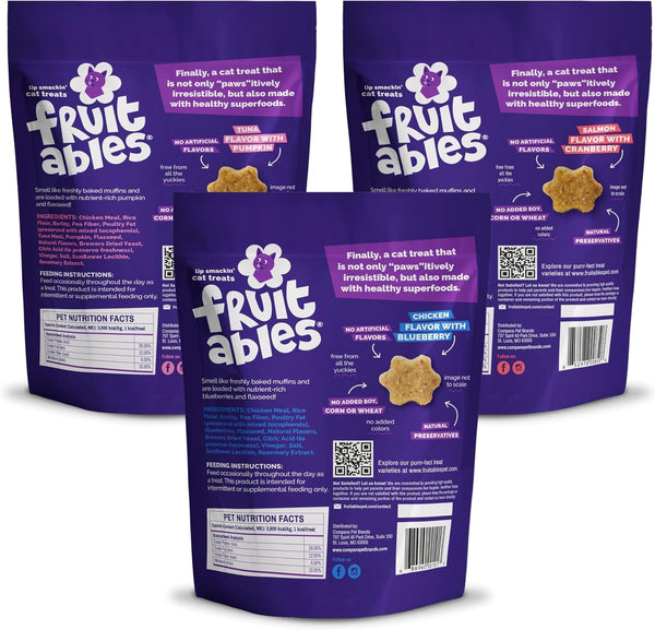 Fruitables Cat Treats - Crunchy - Salmon, Tuna, Chicken - 2.5 Oz (3 Pk) | Low Calorie, Crunchy Training Biscuits with Pumpkin Superfoods - Wheat Corn, Soy Free - USA Made2