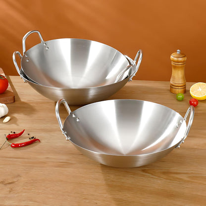 Stainless Steel Wok round Bottom Frying Pan Double Handle Heated Evenly Portable Cookware Traditional Tableware Cooking Pot Wok for Kitchen Outdoor,38Cm7
