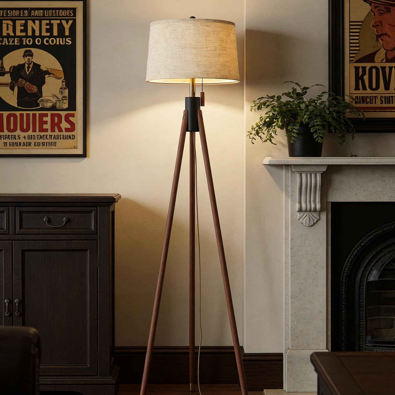 mid-century-tripod-floor-lamp-with-pull-chain-black-gold-finish-two-tone-solid-wood-design-linen-tapered-drum-shade-tall-standing-lamp-for-living-room-bedroom-reading-corner-bulb-included