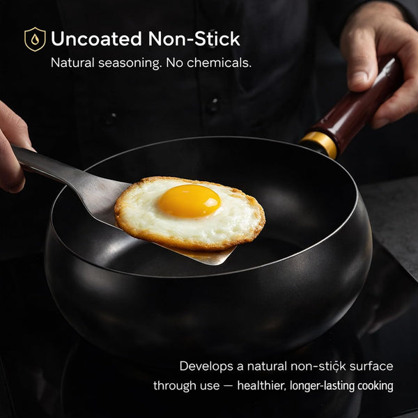 2026 NEW Uncoated Thick Iron Pot with Lid, Japanese Cast Iron Pan, Multifunctional Non-Stick Cast Irons Wok for Cooker Gas Stir Fry Pans (With Wooden Lid, 8 In)5