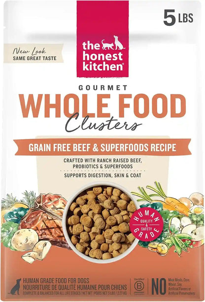 The Honest Kitchen Grain Free Beef & Superfoods Whole Food Clusters, Human Grade Dry Dog Food, Vet-Crafted Nutritional Support for Skin, Coat, Digestion & Overall Wellness, 5 Lb Bag1
