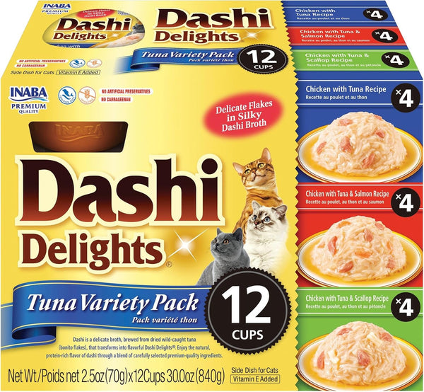INABA Dashi Delights Lickable Cat Treats, Chicken Variety, 12Ct | Immune Support, Antioxidant Support, 88% Moisture, Shredded Chicken, Dashi Broth Side Dish, Grain-Free, 12 X 2.5 Oz Cups10
