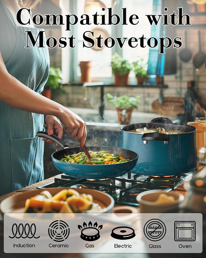 Professional Pots and Pans Nonstick Cookware Set, Belly Shape Kitchen Cooking Set with Frying Pans and Saucepans, Induction Compatible, 10-Piece, Turquoise3