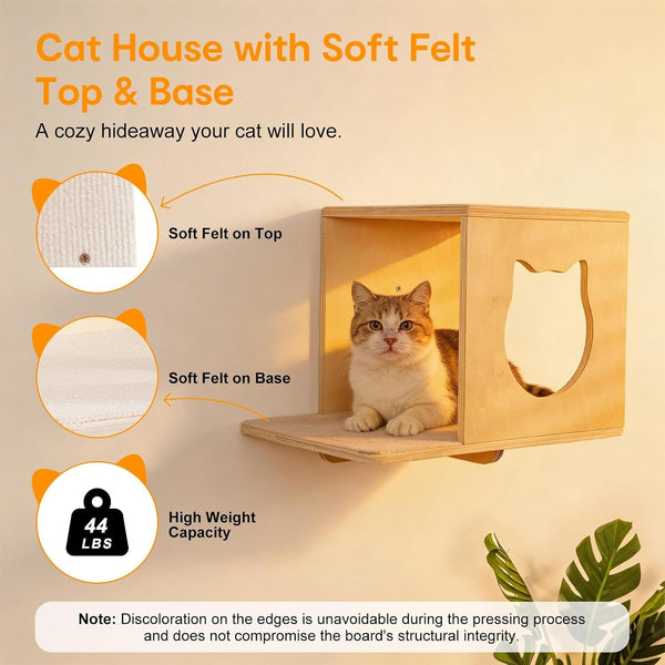 8-In-1 Cat Wall Shelves for Large Cats, Wall Mounted Cat Furniture with Feeding Station&Extra Wide Hammock, Heavy Duty Cat Climber for Indoor Cats to Sleep Play & Eat, 44Lbs Capacity, Wood4