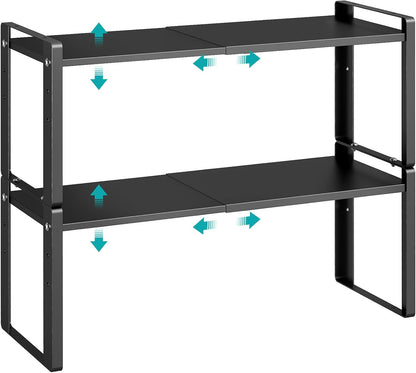 2 Pack Expandable Cabinet Organizer Shelves, 88Lbs High Weight Capacity, Stackable Heavy-Duty Metal Storage Rack, Adjustable Cabinet Shelf for Kitchen, Pantry, Cupboard, under Sink, Black1