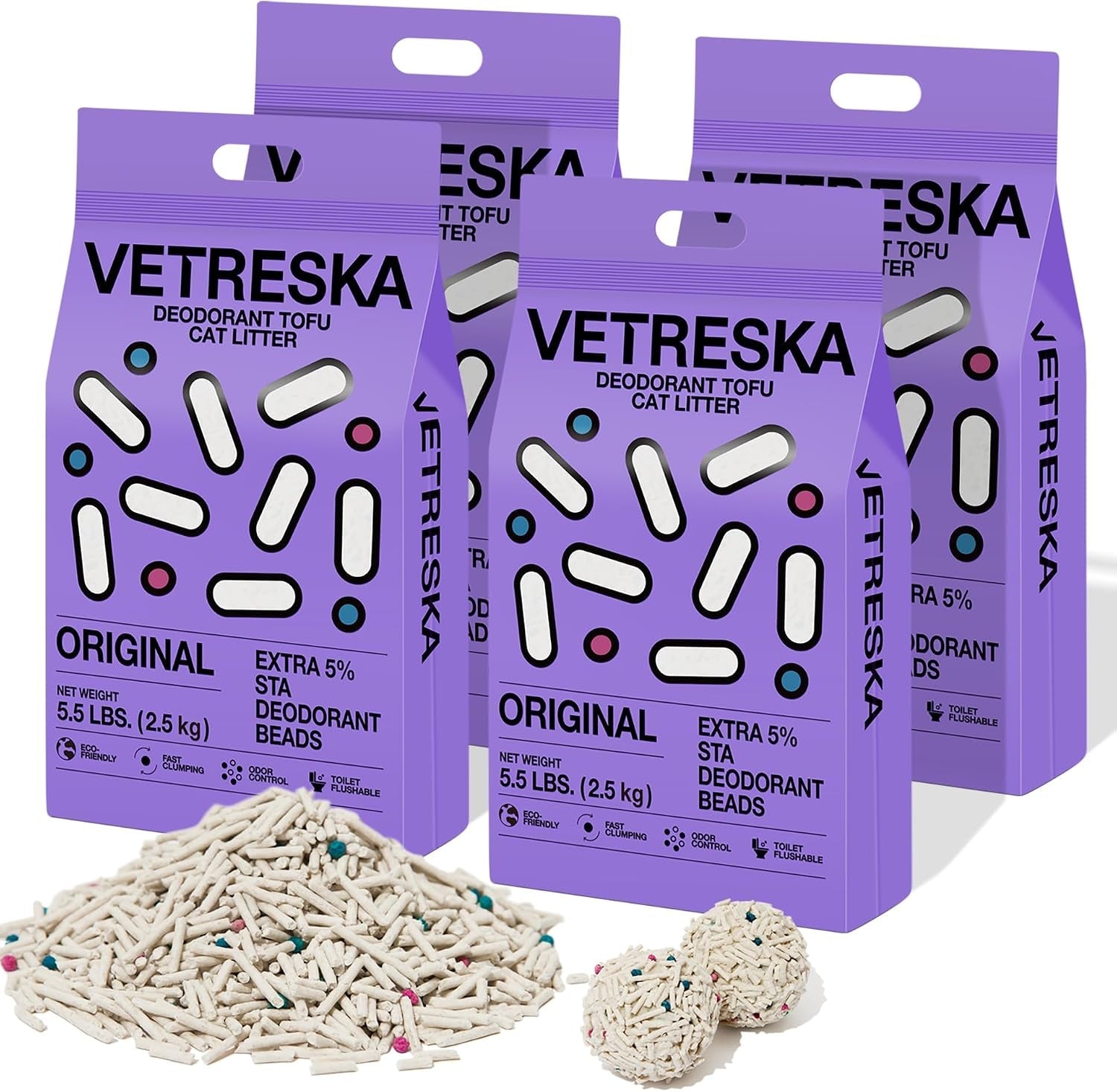vetreska-tofu-cat-litter-odor-control-greentea-5-5lb-2bags-natural-kitty-litter-strong-clumping-flushable-cat-litter-pellet-ultra-absorbent-dust-free-low-tracking-deodorant-tofu-litter
