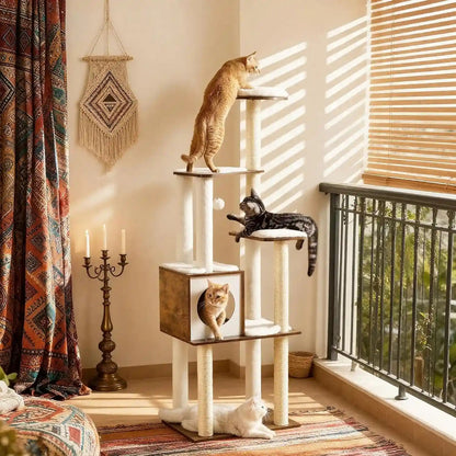 Feandrea Cat Tree, 64.6-Inch Modern Cat Tower, Multi-Level Condo with 5 Scratching Posts, Perch, Washable Removable Cushions, Cave, Rustic Brown UPCT166X0110