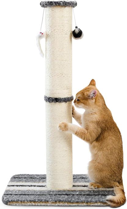 Joydeco Cat Scratching Post 38 Inches Heavy Duty and Thick Scratching Post Sisal Rope with Hanging Ball and Mice for Indoor Cats(Grey)1