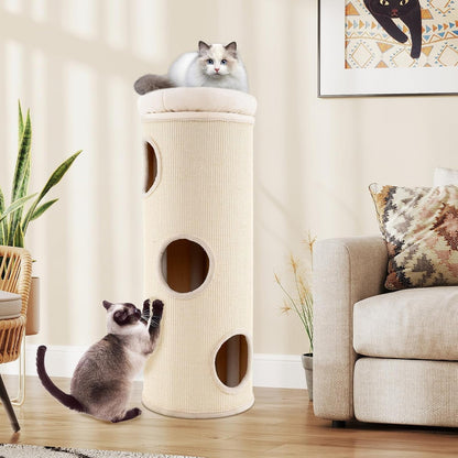 Tangkula 4 Story Cat Tree Condo, 49” Barrel-Shaped Cat House with Detachable Sisal Scratching Board, 3 Hideaways & Removable Soft Top Plush Bed, Interior Bamboo Mat, Modern Cat Tower for Indoor Cats8