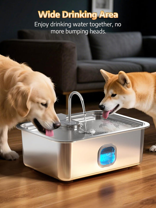 4.2Gal Dog Water Fountain for Large Dogs, 16L Stainless Steel Large Dog Fountain Water Bowl with Deeper & Wider Drinking Tray, Automatic Pet Water Dispenser with Visible Window for Multi-Pets Families5