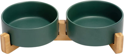 SPUNKYJUNKY Ceramic Dog and Cat Bowl with Wood Stand Non-Slip Matte Glaze Weighted Food Water Set for Cats &Small Dogs 13.5OZ15