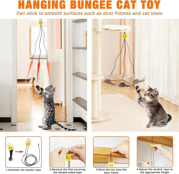 JXFUKAL Interactive Cat Toy, Automatic Cat Wand Toy with Stable Wooden Base, 2 PCS Detachable Cat Teaser, 5PCS Refills Replacement & Hanging Elastic String, Kitty Kitten Toys Feather Spring Bird Toy6