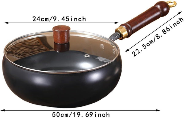 Flat Bottom Wok Sturdy Stir Fry Pan Comfortable Handle without Coated Cookware Cooking Pot for Hotel Camping Home Kitchen Restaurant, Glass Lid2