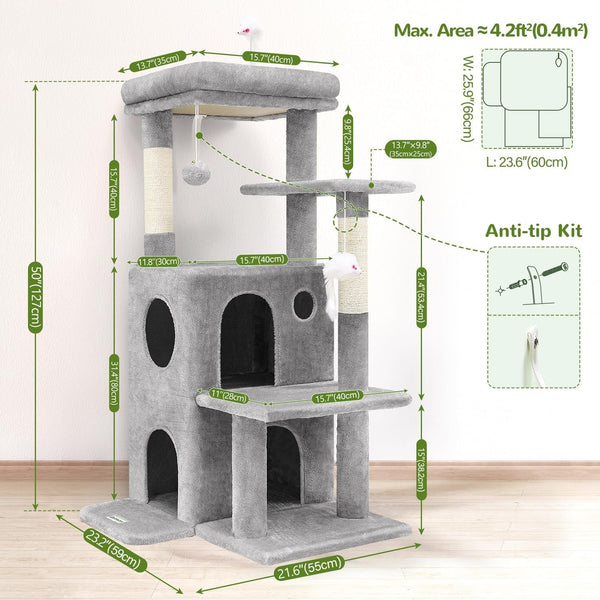 Globlazer Cat Tree Tower for Indoor Cats, 50-Inch Adult Cat Tree House for Large Adult Cats with Steps, Scratching Post, 2 Cat Caves, Dangling Toys, FC50, Light Grey6