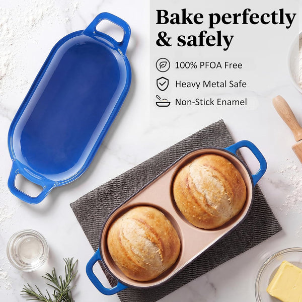 Cast Iron Dutch Oven for Sourdough Bread Baking, Mini Enameled Bread Pot with Lid, Nonstick Double Loaf Pan for Homemade Bread, Cake & Meatloaf, Oven Safe to 500°F, 16.5Cm Diameter, Blue5