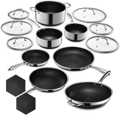 Hexclad Hybrid Nonstick 15-Piece Cookware Set, 12" Wok, 8", 10", and 12" Pans with Lids, 2, 3, and 8Qt Pots with Lids, and 2 Silicone Trivets, Stay-Cool Handles, Dishwasher and Oven-Safe1