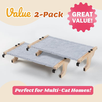 Zakkart 2PC Easy Seat Cat Perch for Window Sill - Hammock Design W/Pine Wood & Robust Metal Frame - Cat Window Seat for Large Cats and Kittens (Natural Color Wood W/Gray Bed, Large (26''W X 14''D)2