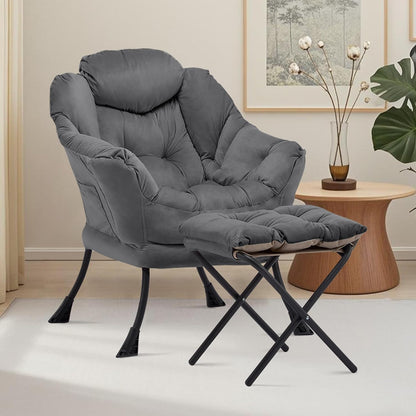 Lazy Chair with Ottoman, Comfy Reading Chair, Darkgrey | Cushioned Seat with Foldable Ottoman and Side Pocket, Lounge Chair for Bedroom, Living Room, Dorm and Small Spaces2
