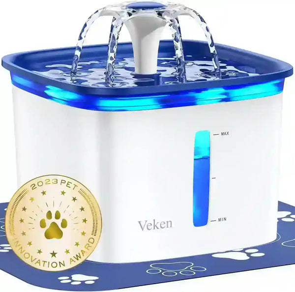 Veken automatic pet water fountain with blue LED light, flowing water, and 2023 Pet Innovation Award seal7