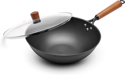 Carbon Steel Wok with Glass Lid, 12.6 Inch Flat Bottom Stir Fry Pan, Rolled Edge Spun Wok Pan, Coating-Free Wok for Induction, Gas & Electric Cooktops, 3–4 Servings1