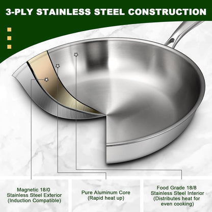 12 Inch Tri-Ply Stainless Steel Frying Pan, Compatible with All Cooktops up to 600℉, Large Frying Pan with Lids, Induction-Ready Skillet, Dishwasher and Oven Safe, Even Heat, 12" Skillet + Lid4