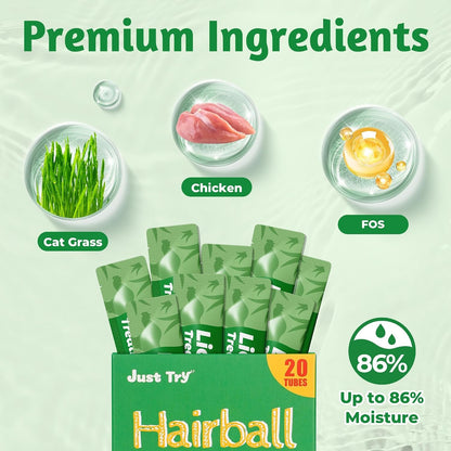 Just Try Lickable Cat Treats, Healthy Cat Grass Treats | 20 Tubes Soft Creamy Hairball Control Relief Functional with Taurine & Vitamin E for Cats7