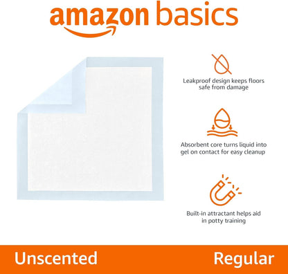 Amazon Basics Leak-Proof Dog and Puppy Potty Training Pee Pads with Quick-Dry 5-Layer Super Absorbent Design, Regular Size 22 X 22 Inch, Blue & White, 100 Count2