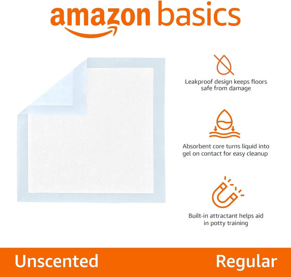 Amazon Basics Leak-Proof Dog and Puppy Potty Training Pee Pads with Quick-Dry 5-Layer Super Absorbent Design, Regular Size 22 X 22 Inch, Blue & White, 100 Count2