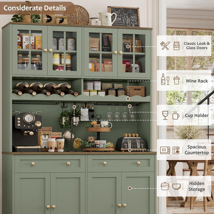 75" Kitchen Pantry Storage Cabinet, Coffee Bar Hutch Cabinet, Green | Tall Pantry Cabinet with Charging Station / Wide Countertop / Glass Doors / Wine Rack / Cup Holder / Drawers, Dining Room8
