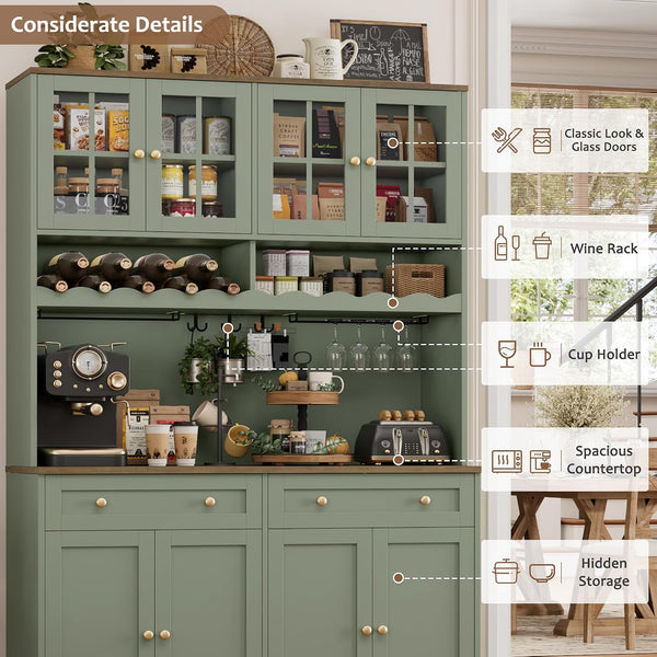 75" Kitchen Pantry Storage Cabinet, Coffee Bar Hutch Cabinet, Green | Tall Pantry Cabinet with Charging Station / Wide Countertop / Glass Doors / Wine Rack / Cup Holder / Drawers, Dining Room8