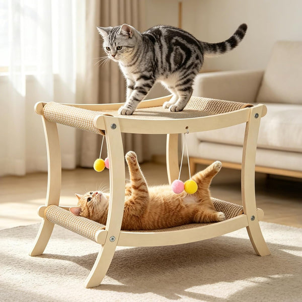 Indoor Cat Scratcher Bed, Double Layer Cat Hammock with Toy Ball, Wooden Sisal Cat Scratching Pad for Cats, Elevated Cat Lounge for Claw Grinding & Sleeping7