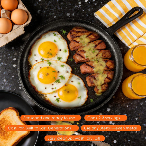 6 Piece Pre-Seasoned Cast Iron Cookware Set – Incl. 5QT Dutch Oven with Lid, 8'' and 10.25'' Cast Iron Skillets, 10.5'' round Griddle, and a Square Grill Pan for Kitchen, Stovetop, & Camping6