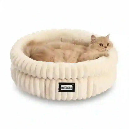 Fluffy cream cat bed with ribbed design, cozy pet nest for cats, soft plush sleeping spot8