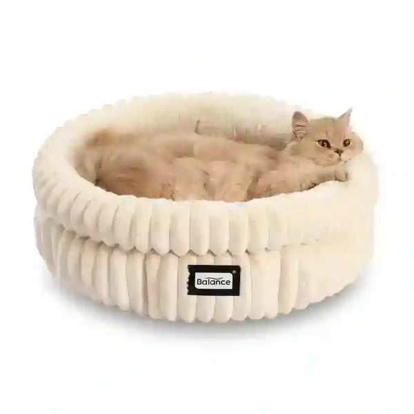 Fluffy cream cat bed with ribbed design, cozy pet nest for cats, soft plush sleeping spot8