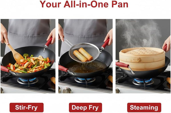 14 Inch Red Wok with Flat Bottom, Carbon Steel Stir Fry Pan with Wooden Handle, Deep Cooking Wok for Gas, Electric & Induction Stovetops4