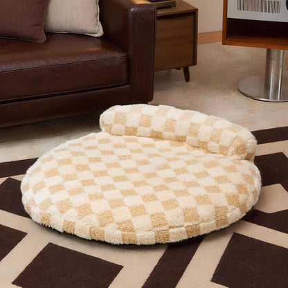 Orthopedic Dog Bed for Small Dogs and Cats Beige Oval 30X25X7 | Calming Pillow Pet Couch Sofa, Removable Washable Cover, Oval 3D Checkered Plush, Indoor8