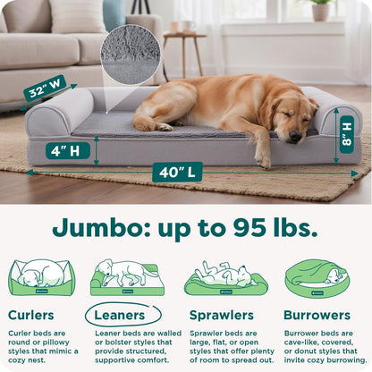 Furhaven Orthopedic Dog Bed for Large Dogs, Sofa-Style with Cool Gel-Top Foam with a Solid Orthopedic Foam Base for Joint Support, Removable Washable Cover, Jumbo XL, Plush & Suede, Gray3