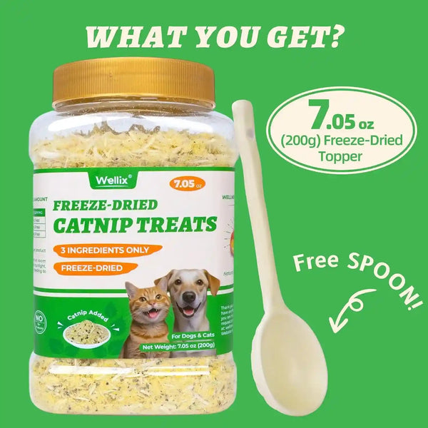 Wellix Freeze Dried Catnip Dog & Cat Food Topper, 7.05Oz | Freeze Dried Cats and Dogs Treats with Egg Yolk & Chicken for Appetite Stimulant, Low Calorie Catnip Treats4