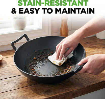 14" Cast Iron Wok with Wooden Lid - Pre-Seasoned Kadai for Stir-Fry with Loop Handles, Compatible with Multiple Cooktops Including Induction, Large 5.8 Qt Capacity8