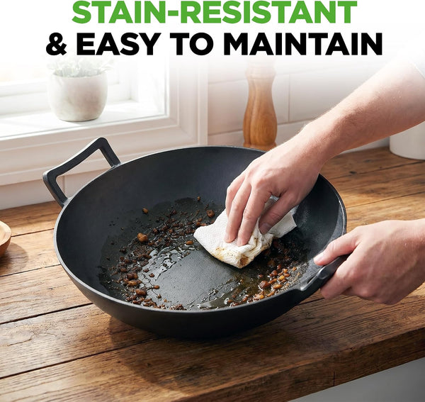 14" Cast Iron Wok with Wooden Lid - Pre-Seasoned Kadai for Stir-Fry with Loop Handles, Compatible with Multiple Cooktops Including Induction, Large 5.8 Qt Capacity8