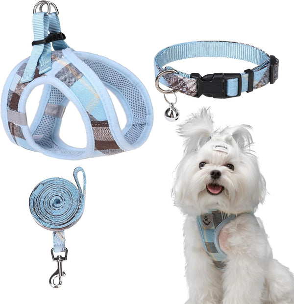 EXPAWLORER Plaid Small Dog Harness and Leash Set with Airtag Holder - No Pull Soft Padded Step in Dog Vest Harness Medium Sized Dog, Reflective Puppy Harness, Collar and Leash for Walking, Khaki S14