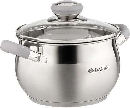 Modern 2 Quart Stainless Steel Stock Pot with Glass Lid, Tri-Ply Bottom for Even Heating, Induction Compatible, Dishwasher Safe, Heatproof Handles1