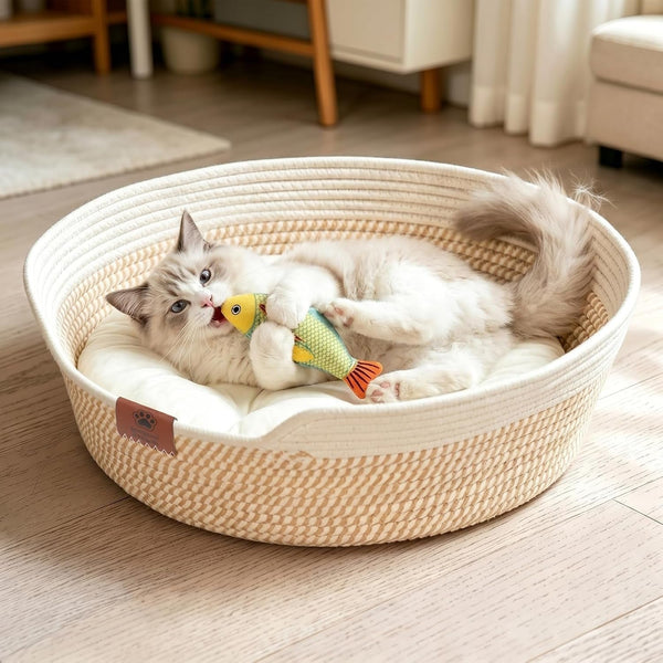 XPIY Stimulicat Handwoven Cat Basket with Fish Toy, Instinct Kitten Bed | Made of Natural Cotton Rope with a Washable Cushion. Breathable, Scratch-Resistant Pet Nest for Year-Round Comfort1