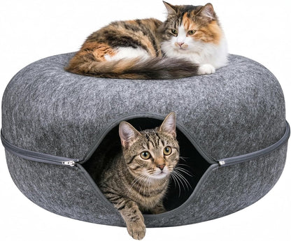 Cat Tunnel Bed for Heavy Big Cats up to 45 Lbs - 24" Donut Cat Bed for Multi-Cat Home - Premium Detachable Zipper Felt Anti-Scratch Cat Cave Bed - Roomy Non-Collapsing Cat Hideaway & Peekaboo Toy1