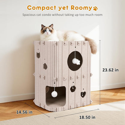 Cat House for Indoor Cats - 2-Story Enclosed Cat Bed Cave for Multiple & Large Cats, Felt Covered Pet Hideaway Tunnel Condo House, Kitty Hut Hideout Cube, Scratch Resistant, Beige4