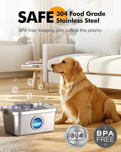 PETIMI Dog Water Fountain, 2 Gallon 304 Stainless Steel Large Pet Water Fountain for Dogs & Cats, Ultra Quiet Indoor Pet Fountain, Safety Lock, 3 Replacement Filters Included, Smart Pump Protection2