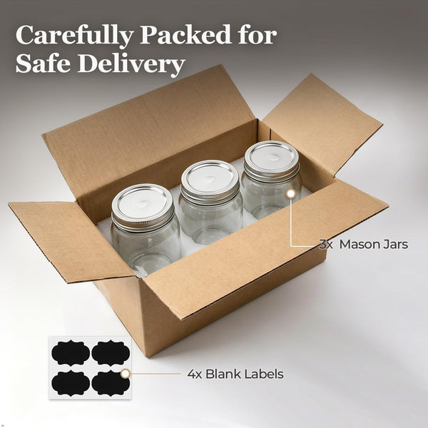 Regular Mouth Mason Jars 16 Oz with Lids, 3 Pack Canning Jars | Airtight Safety-Button Lids, Food Grade Pint Size Jars, Freezer Safe Glass, Incl. 4 Chalkboard Labels, Bpa-Free Material9