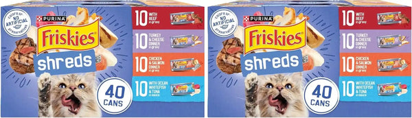 Purina Friskies Wet Cat Food Variety Pack, Shreds with Beef, Turkey and Cheese Dinner, Chicken and Salmon Dinner, and with Ocean Whitefish and Tuna - (Pack of 40) 5.5 Oz. Cans14